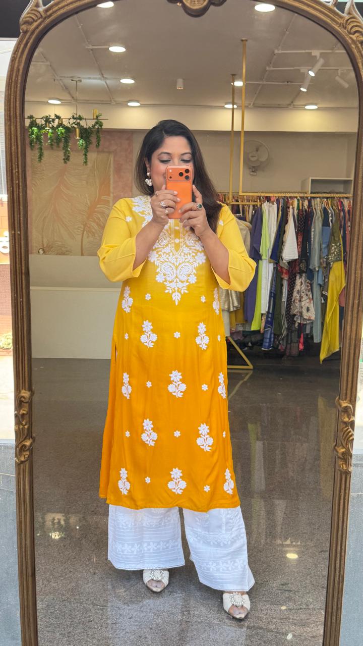 Super pretty ombré effect soft rayon chikankari kurta in yellow