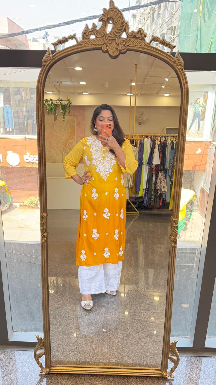 Super pretty ombré effect soft rayon chikankari kurta in yellow