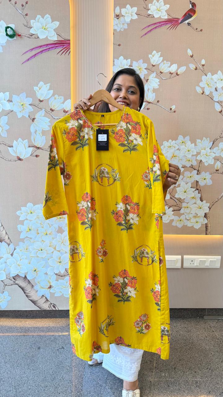 Pure cotton floral kurta in yellow