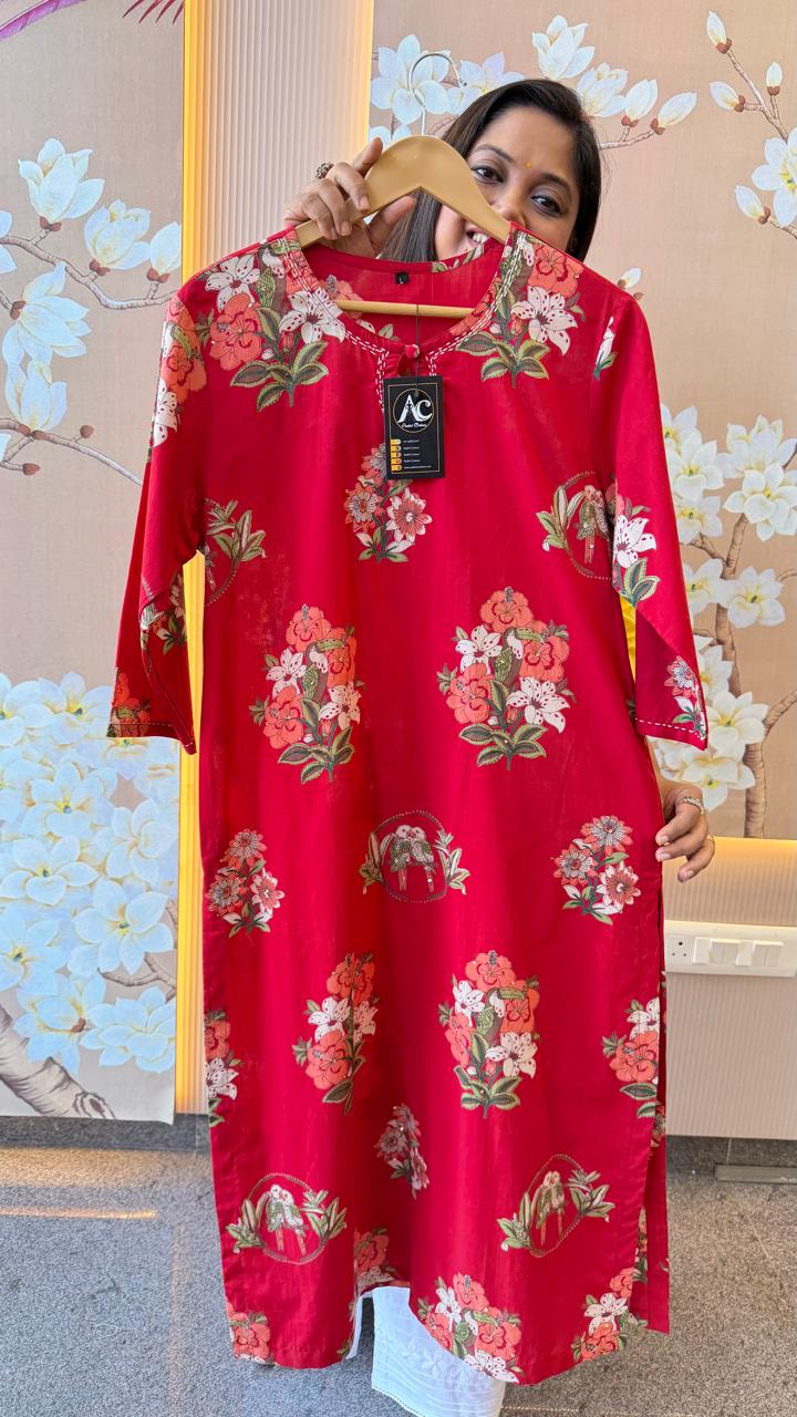 Pure cotton floral kurta in red