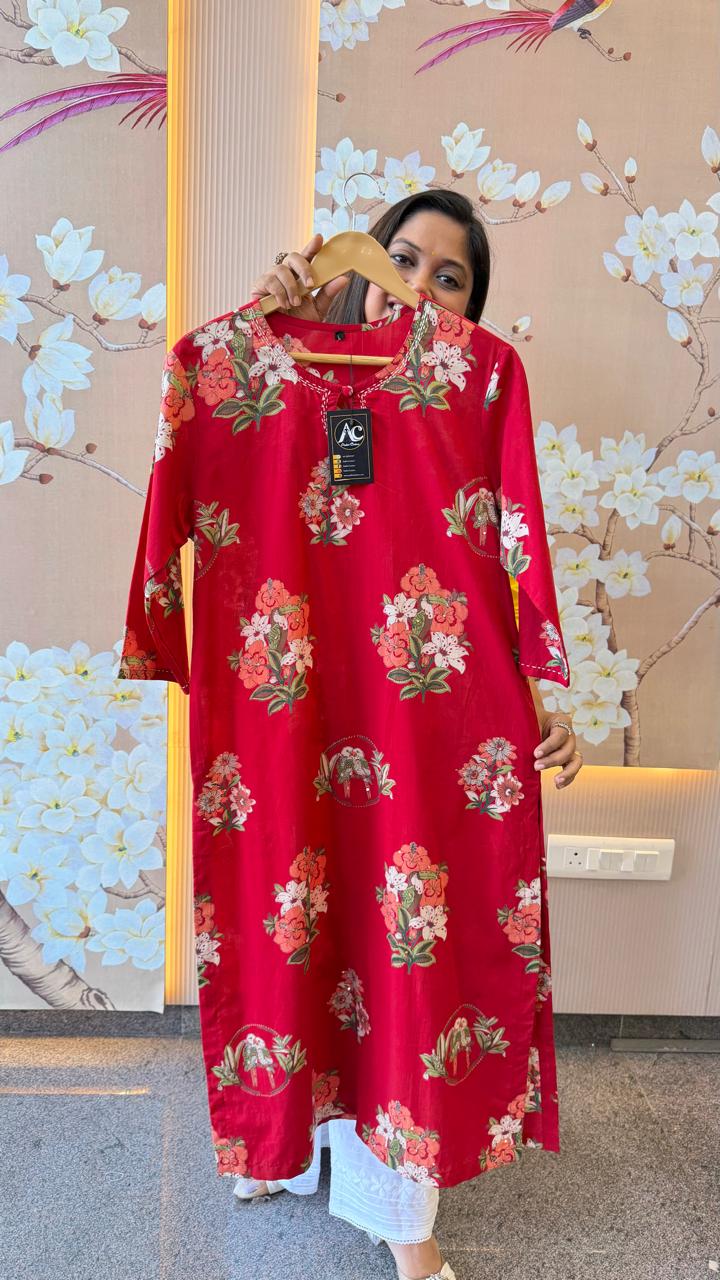 Pure cotton floral kurta in red
