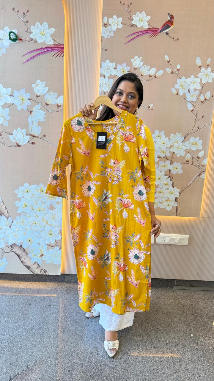 Pure cotton V neck floral kurta in yellow