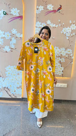 Pure cotton V neck floral kurta in yellow