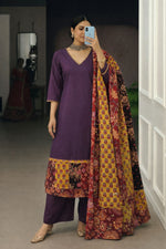 Pure cotton applique work suit set in purple