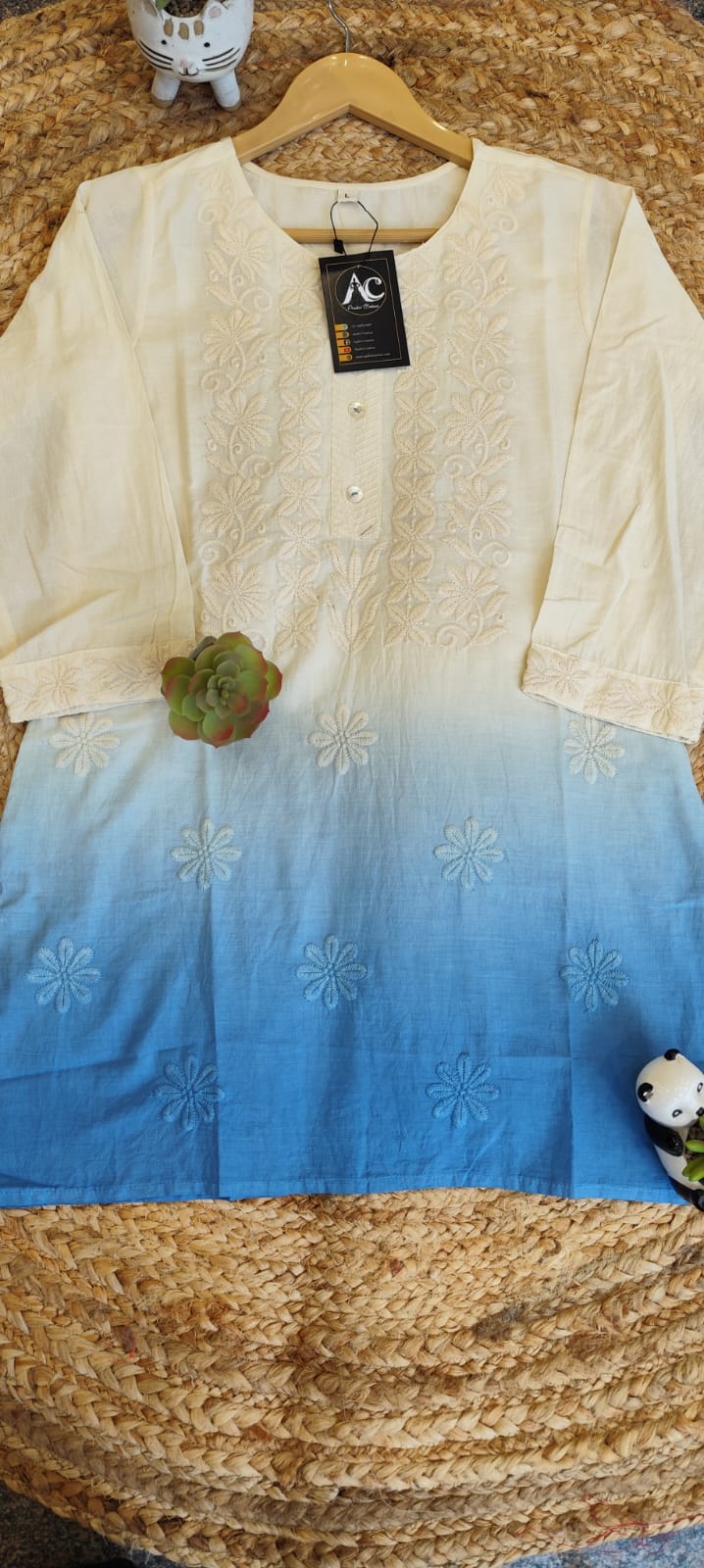 Ombré effect chikankari cotton short top in blue