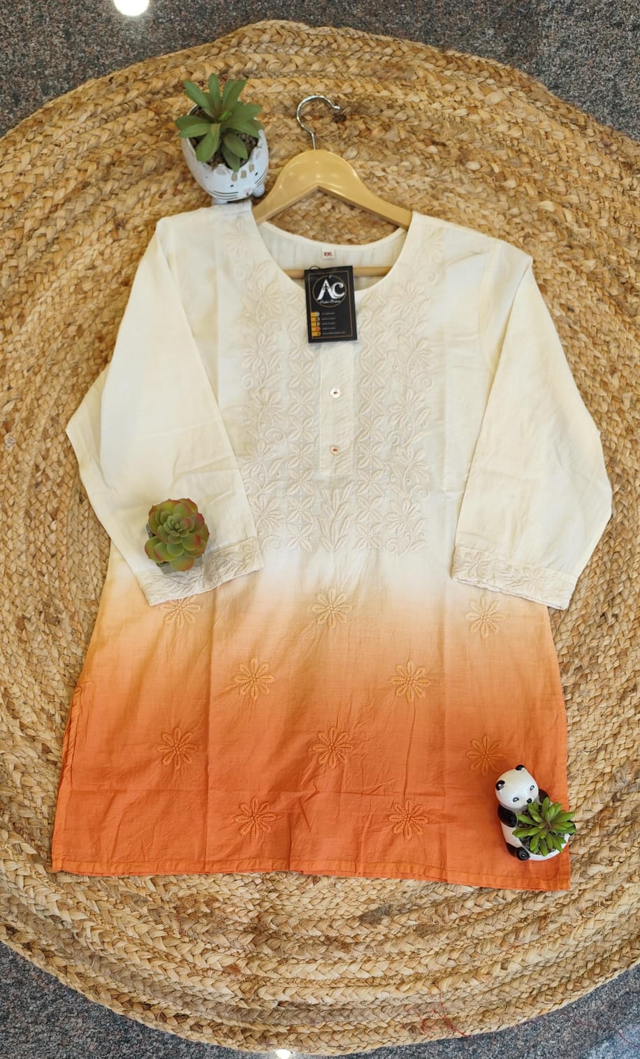 Ombré effect chikankari cotton short top in orange