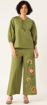 Designer embroidered co ord in green cotton