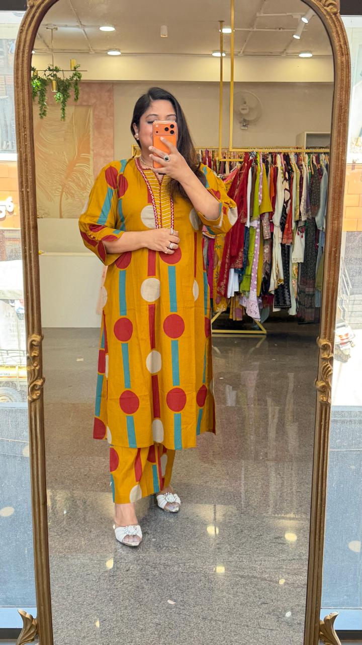 Premium cotton polka dot kurta pant in yellow