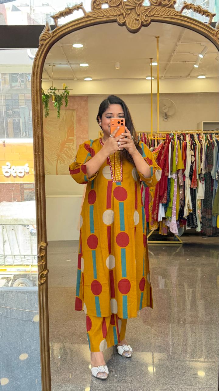 Premium cotton polka dot kurta pant in yellow