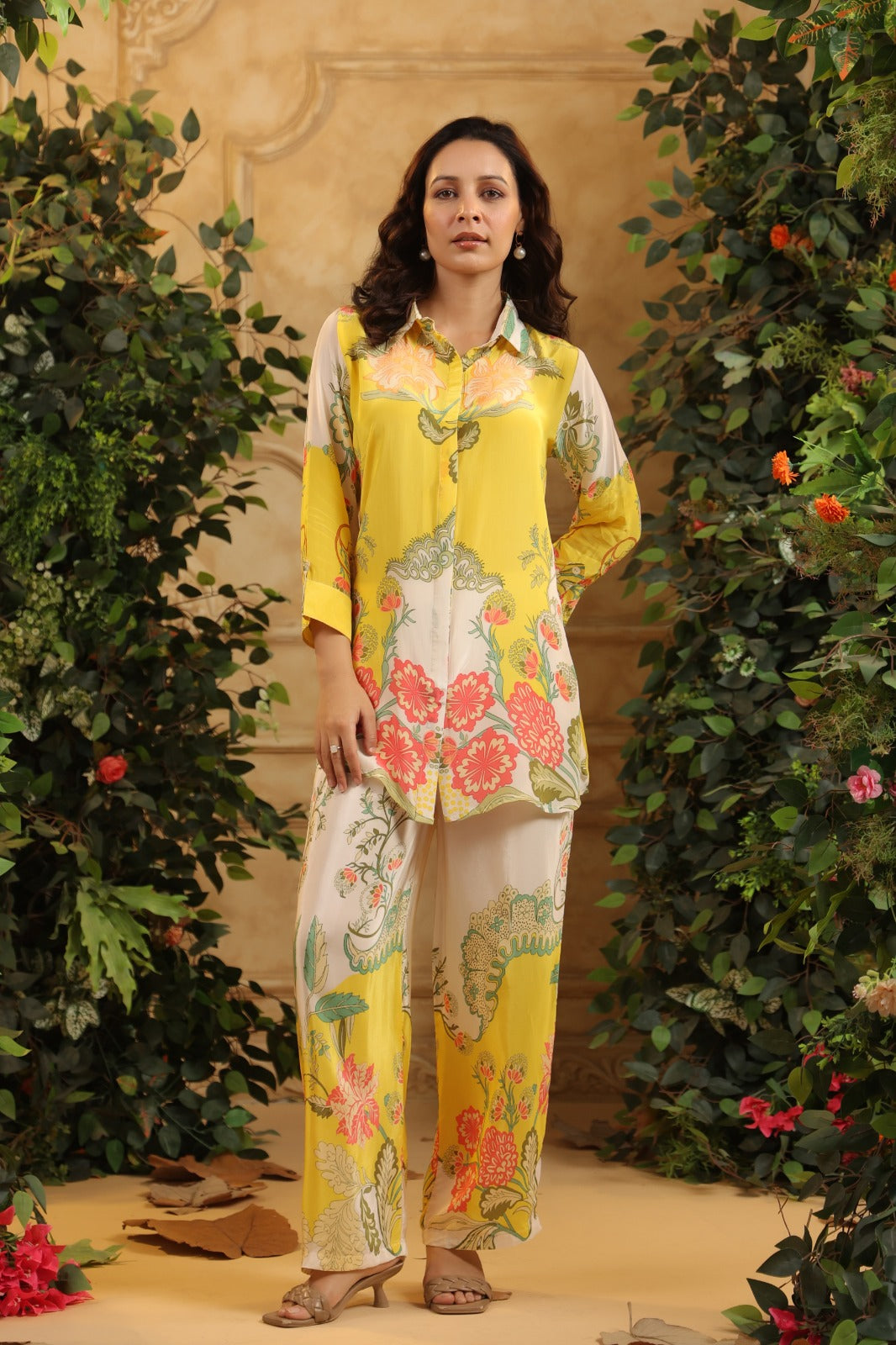 Pure crepe floral printed Co ord in yellow