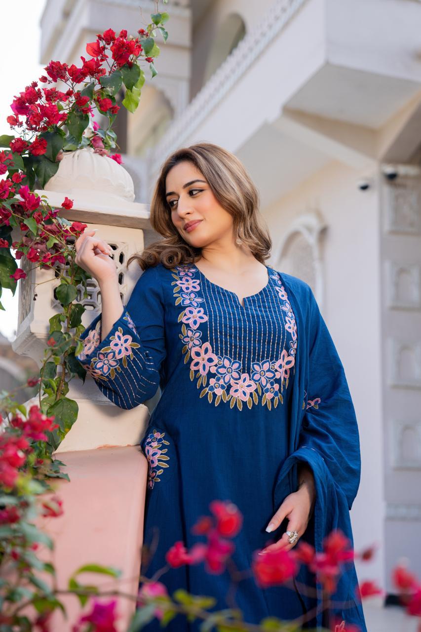 Designer pocket slub cotton fully embroidered full suit