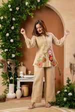 Applique work jute cotton co ord set in beige