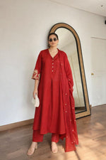 Designer back and sleeve fully embroidered in red cotton suit set