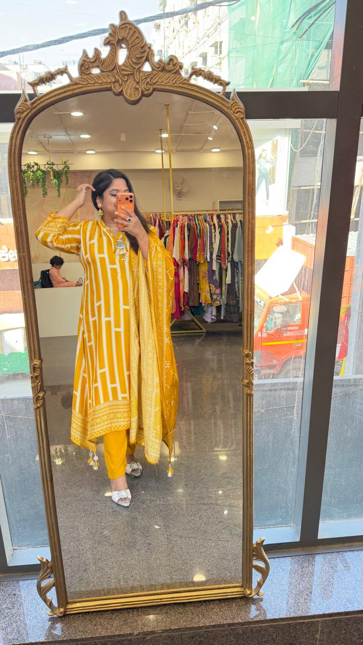 Russian silk gorgeous suit set with neck piece in yellow