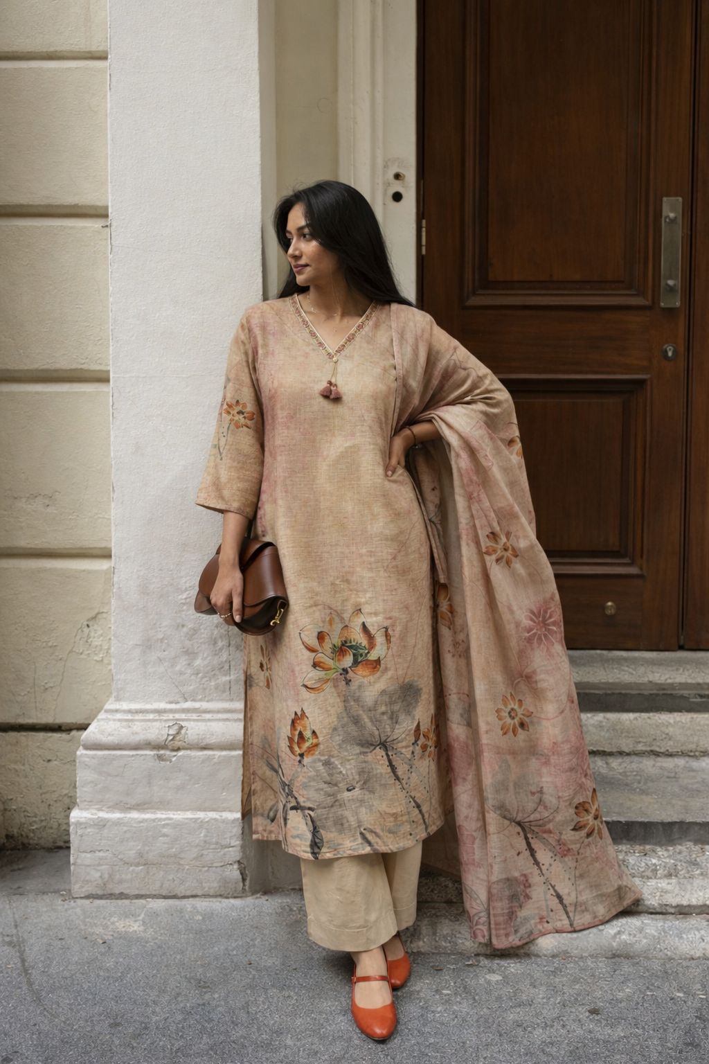 Linen suit set with embroidered neck