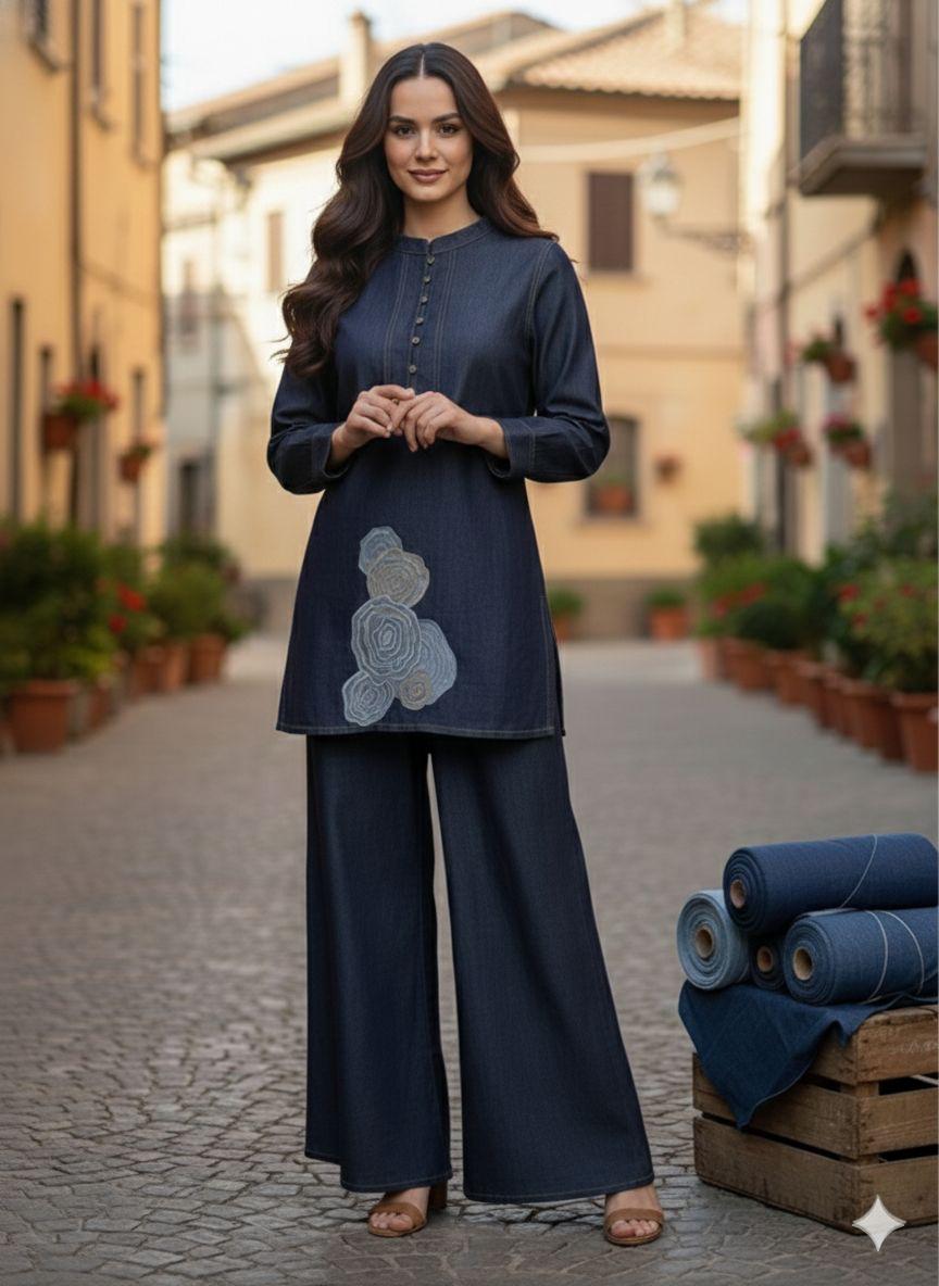 Smart denim cotton applique work co ord set