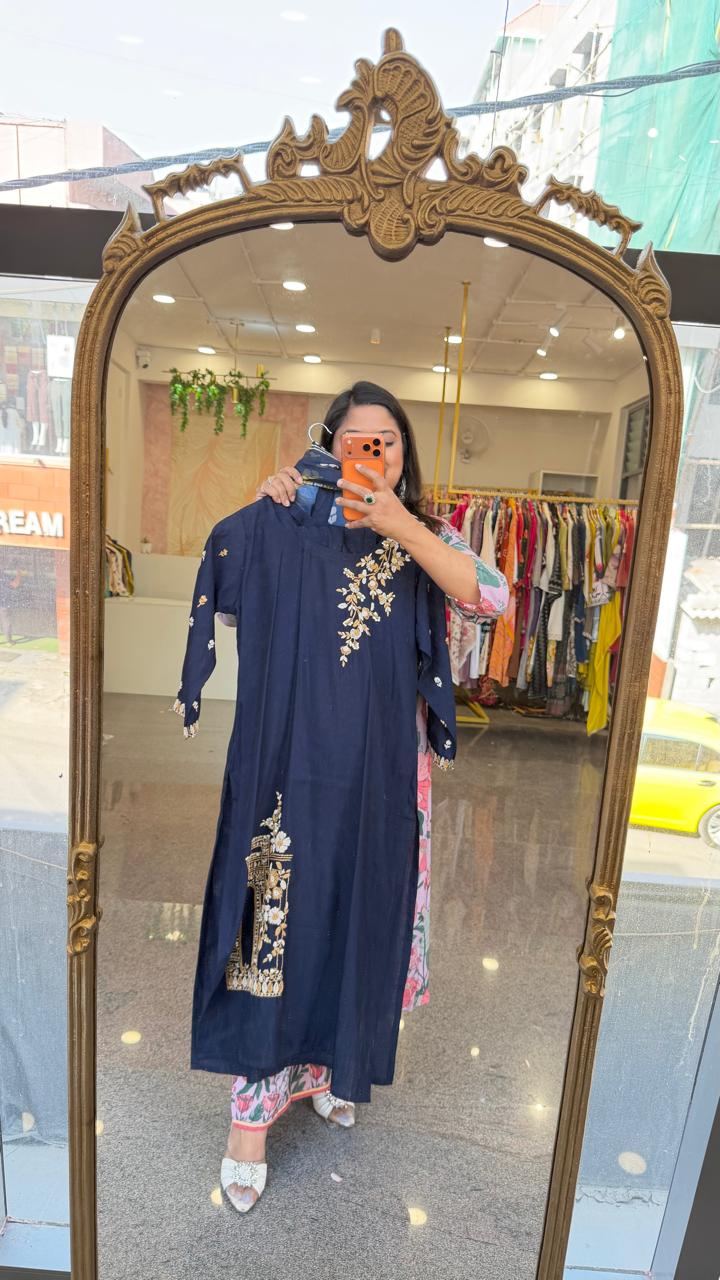Designer back Modale front n back embroidered full suit in blue