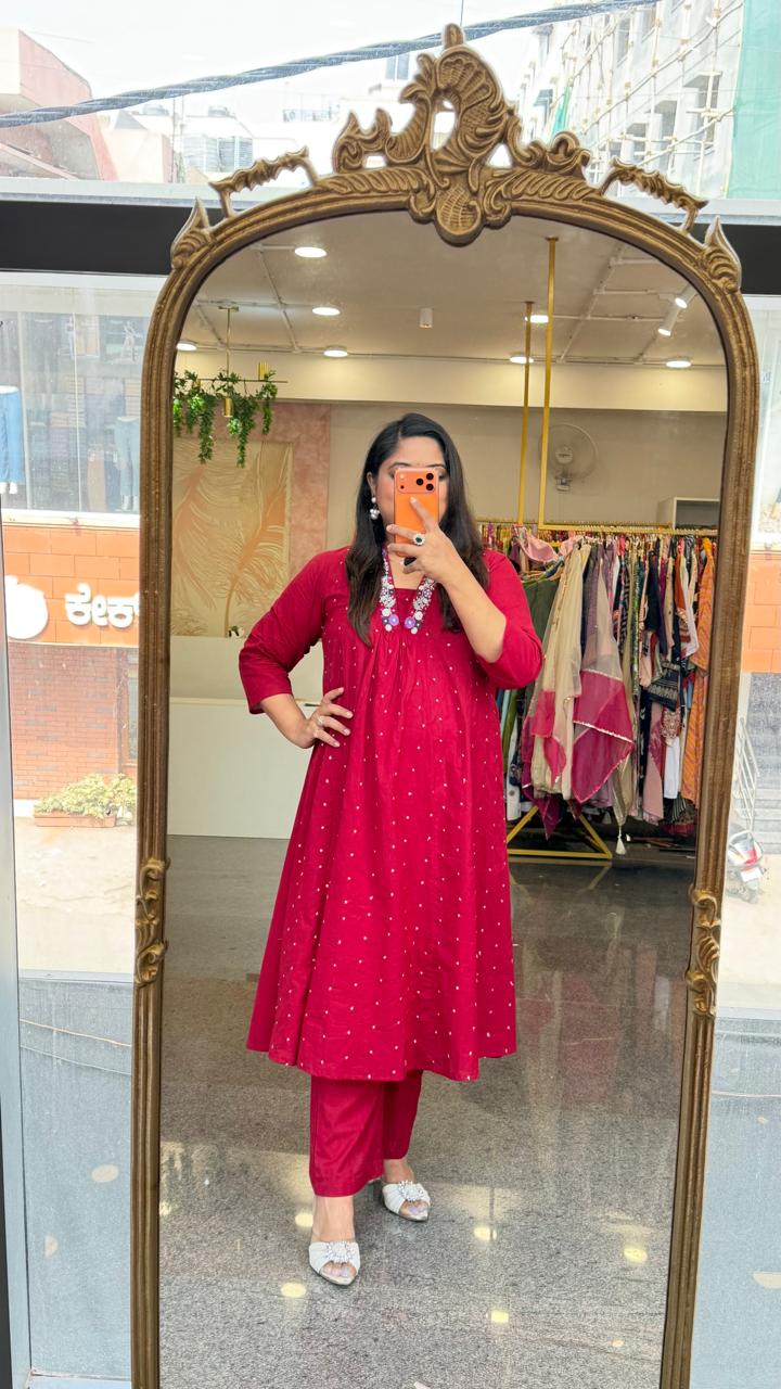 Premium cotton embroidered V neck kurta pant in red. Fully zari embroidered kurta