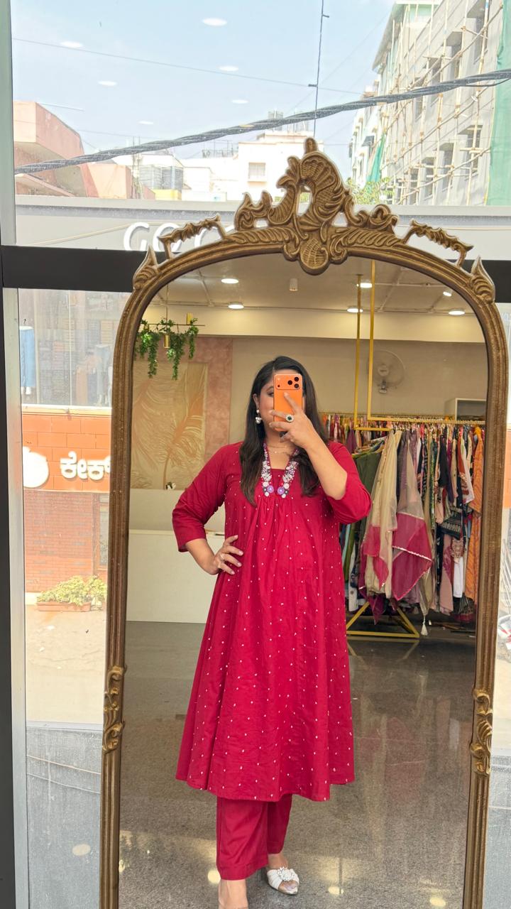 Premium cotton embroidered V neck kurta pant in red. Fully zari embroidered kurta