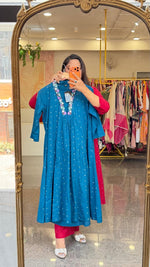 Premium cotton embroidered V neck kurta pant in blue. Fully zari embroidered kurta