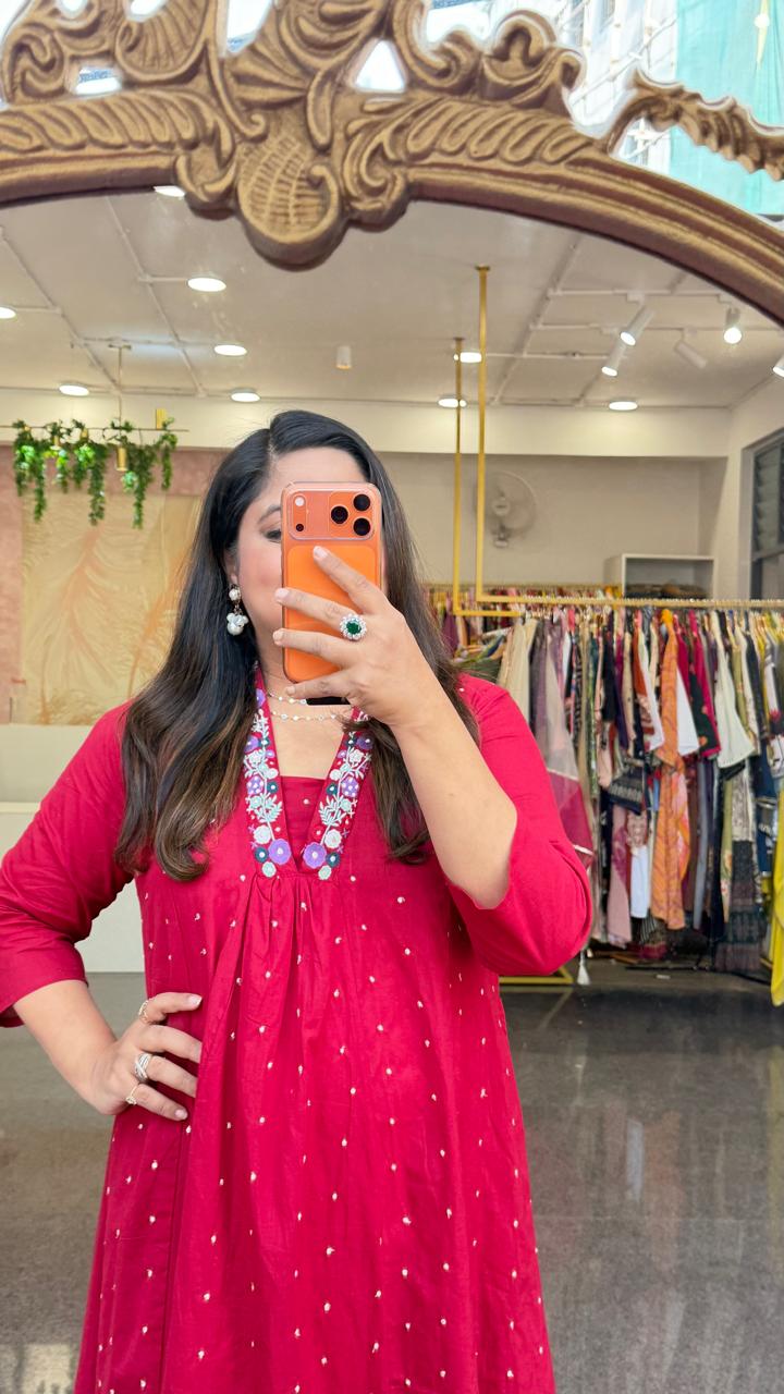 Premium cotton embroidered V neck kurta pant in red. Fully zari embroidered kurta