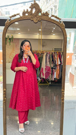Premium cotton embroidered V neck kurta pant in red. Fully zari embroidered kurta