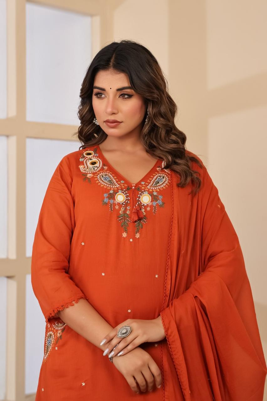Pure Mul cotton with designer pocket and designer neck full suit in rust