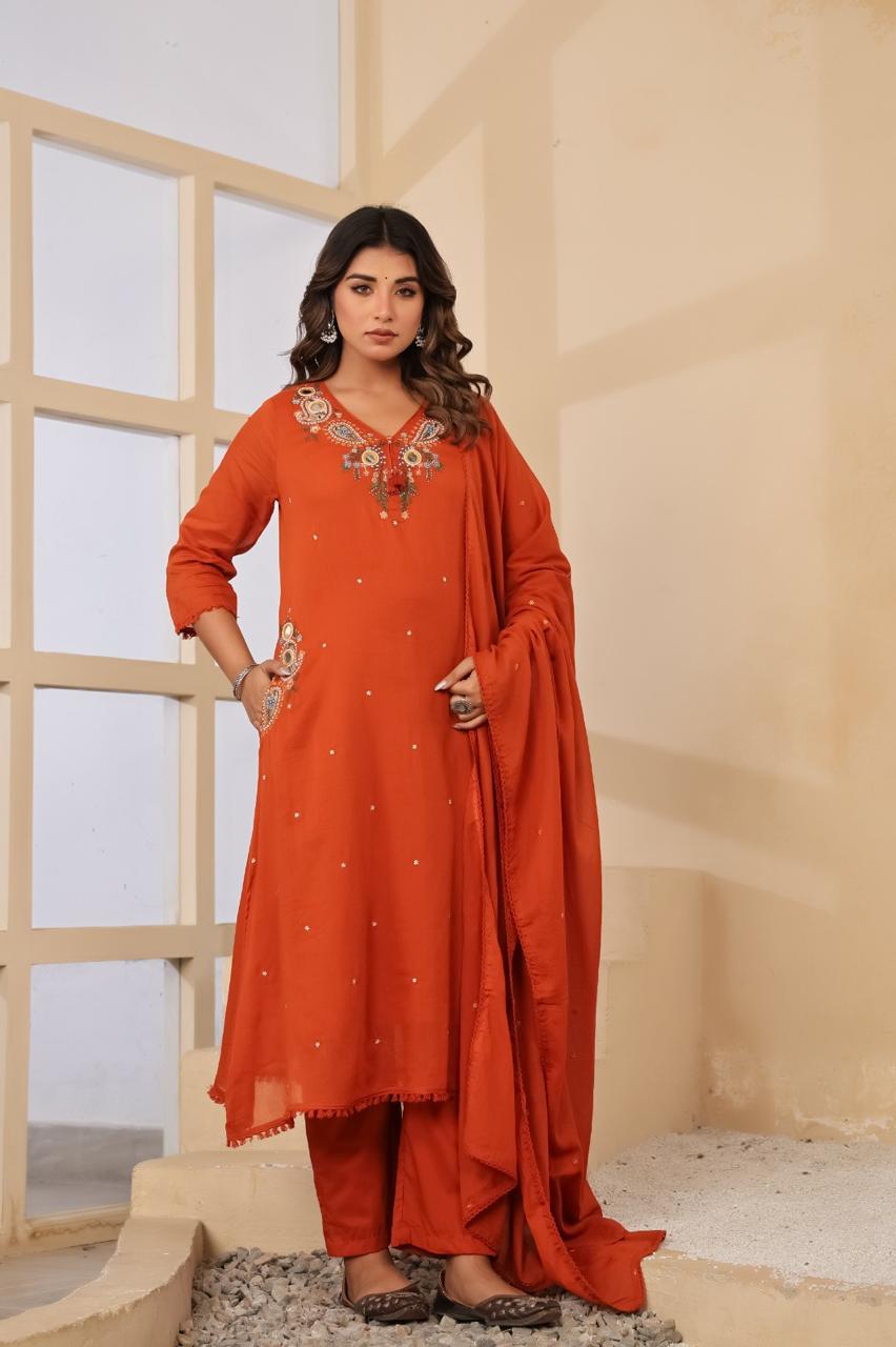 Pure Mul cotton with designer pocket and designer neck full suit in rust