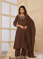 Pure Mul cotton with designer pocket and designer neck full suit in brown