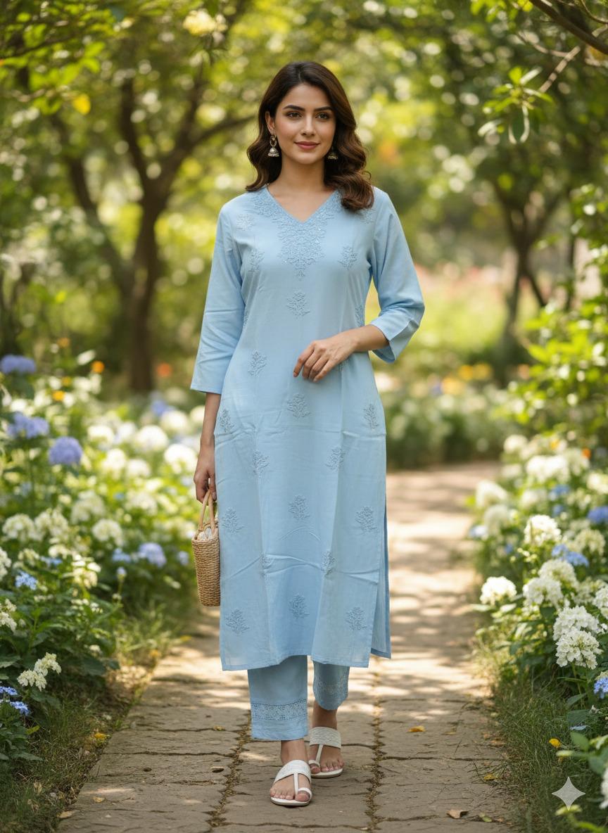 Beautiful chikankari heavy slub cotton kurta pant with lace detailing in blue