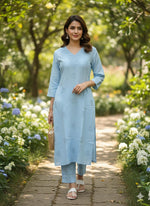 Beautiful chikankari heavy slub cotton kurta pant with lace detailing in blue