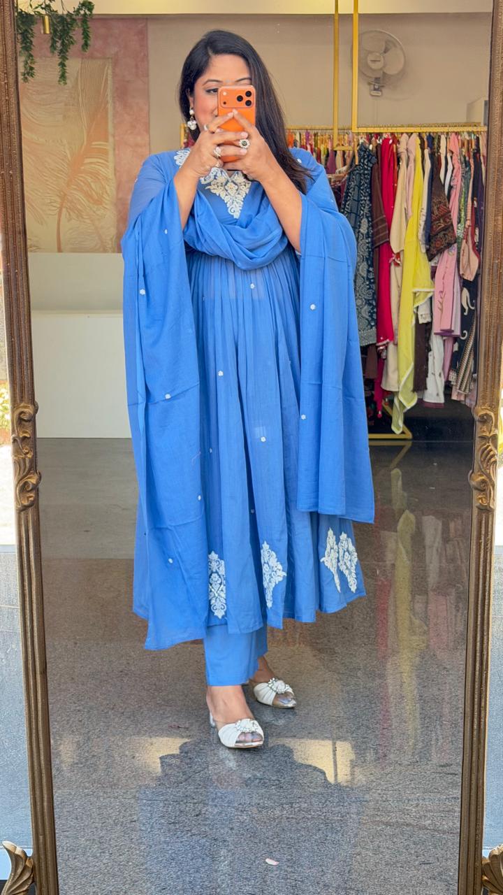 Mul cotton heavy embroidery full suit set in blue