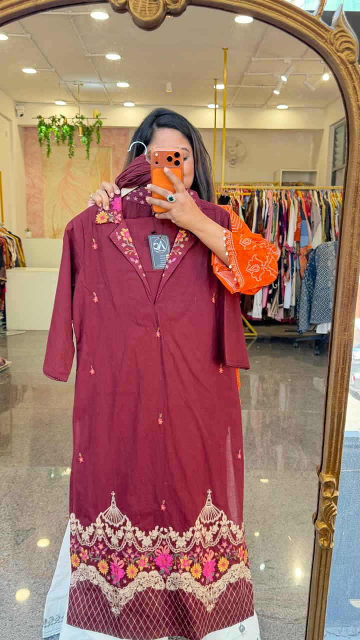 Premium cotton embroidered suit set in wine