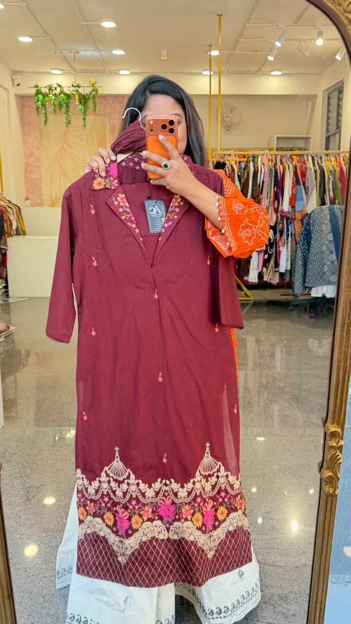 Premium cotton embroidered suit set in wine