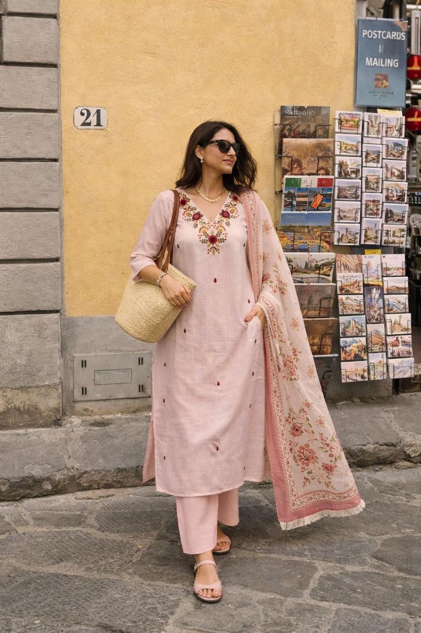 Super pretty linen cotton fully embroidered suit set in pink