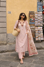 Super pretty linen cotton fully embroidered suit set in pink