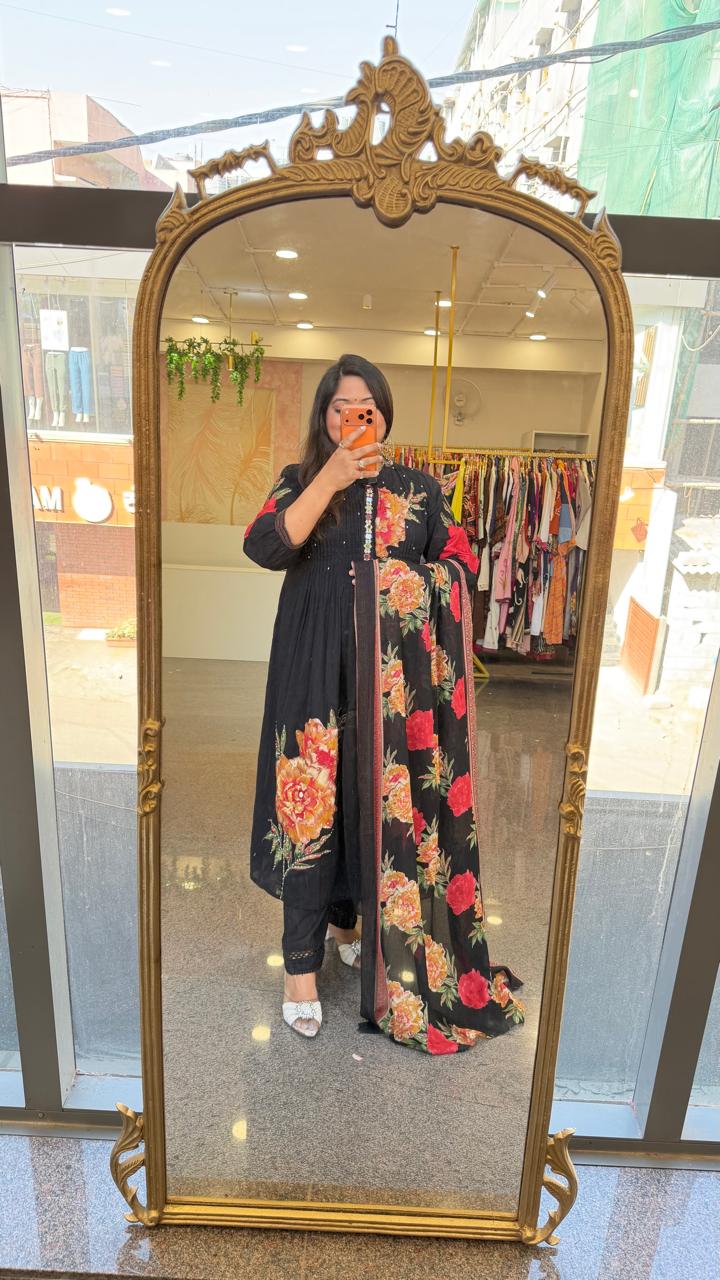 Premium applique work real mirror full suit set