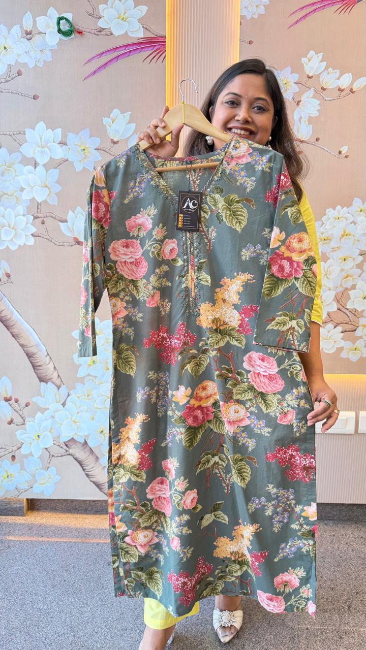 Green cotton floral kurti