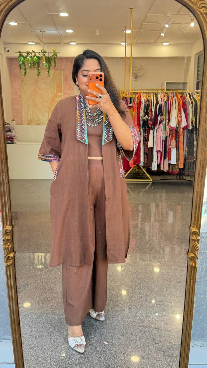 Super smart designer jacket paired with plazzo and a crop top