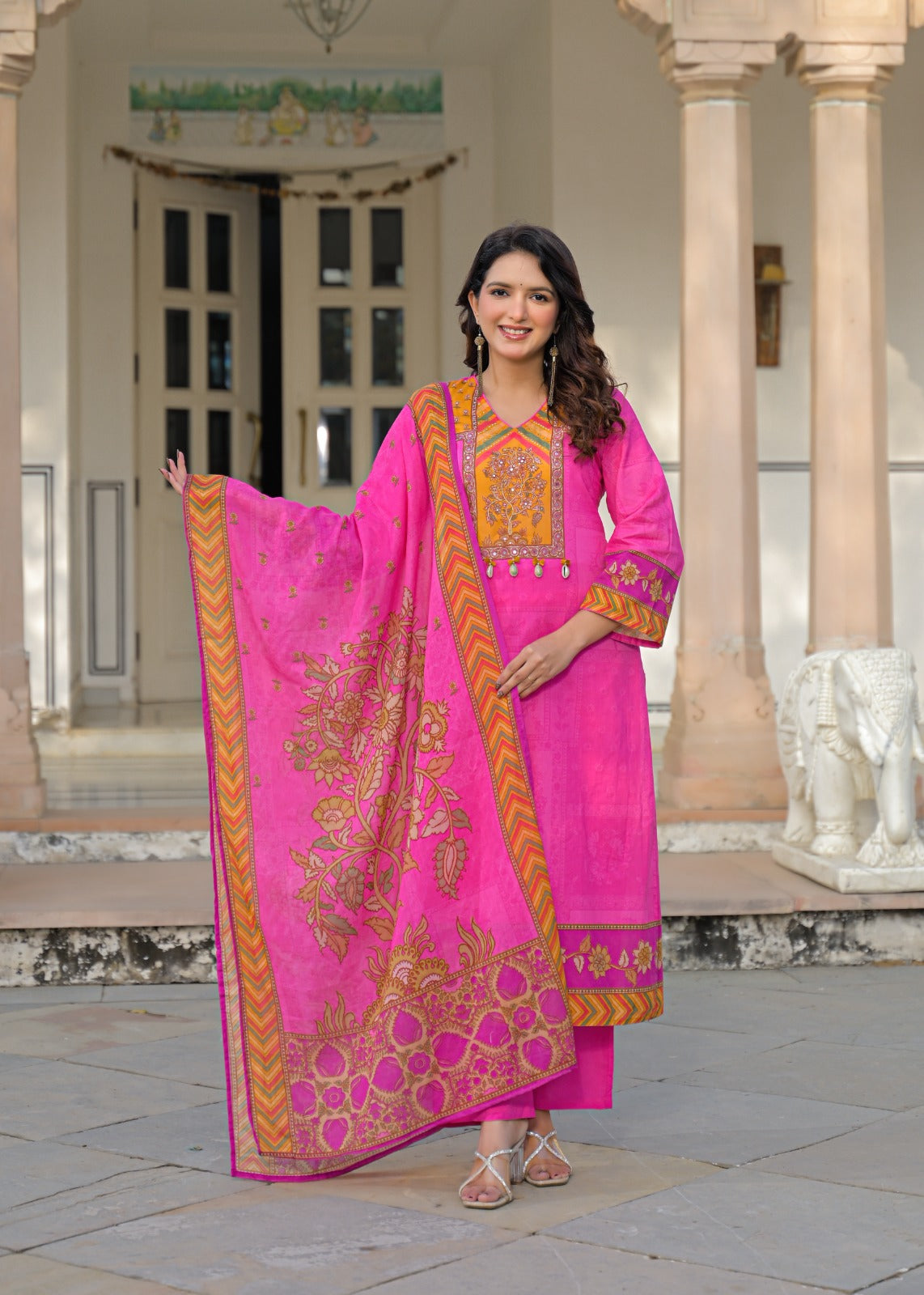 Premium cotton digital print suit set in Rani pink