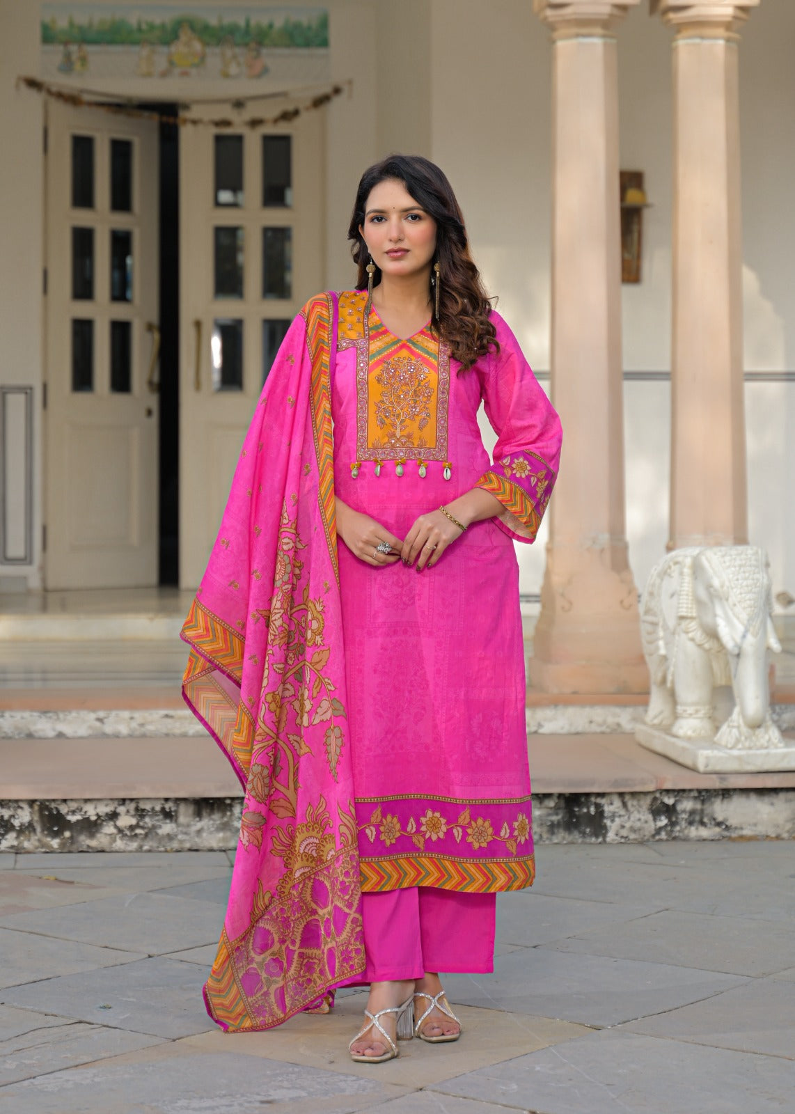 Premium cotton digital print suit set in Rani pink