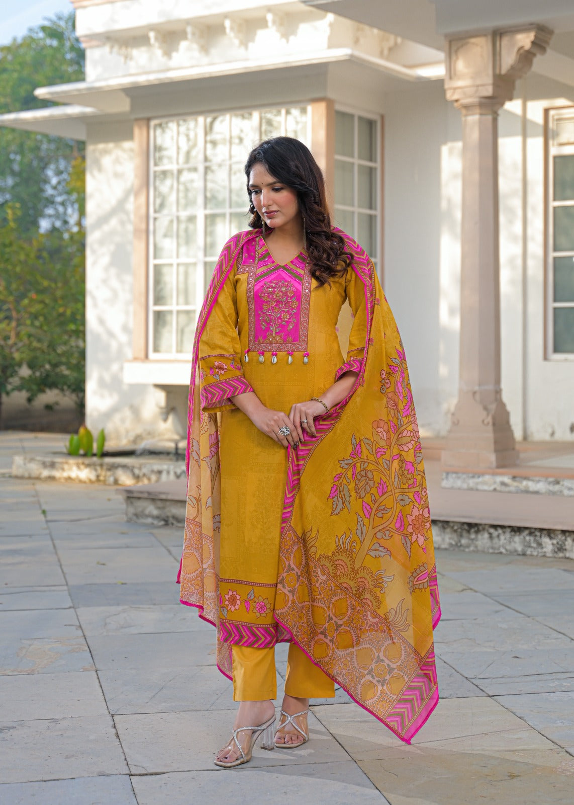 Premium cotton digital print suit set in yellow
