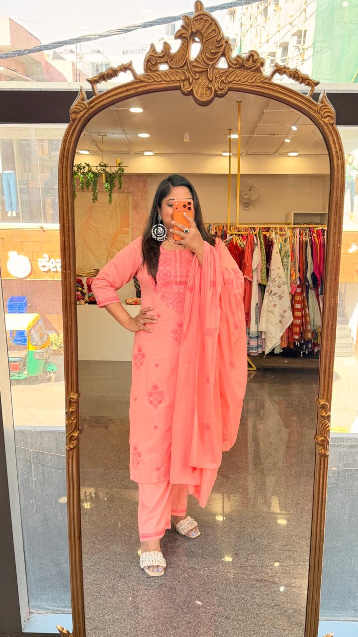 Premium chikankari pure cotton paired with Mul cotton dupatta