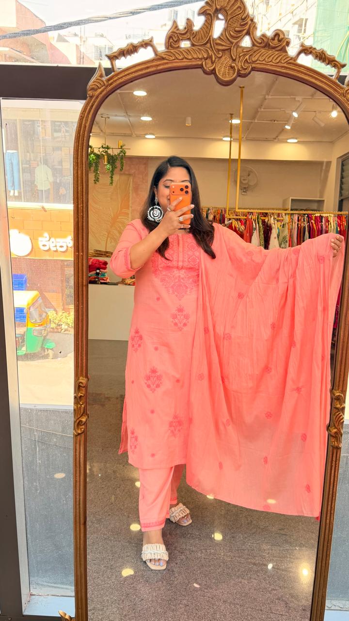 Premium chikankari pure cotton paired with Mul cotton dupatta