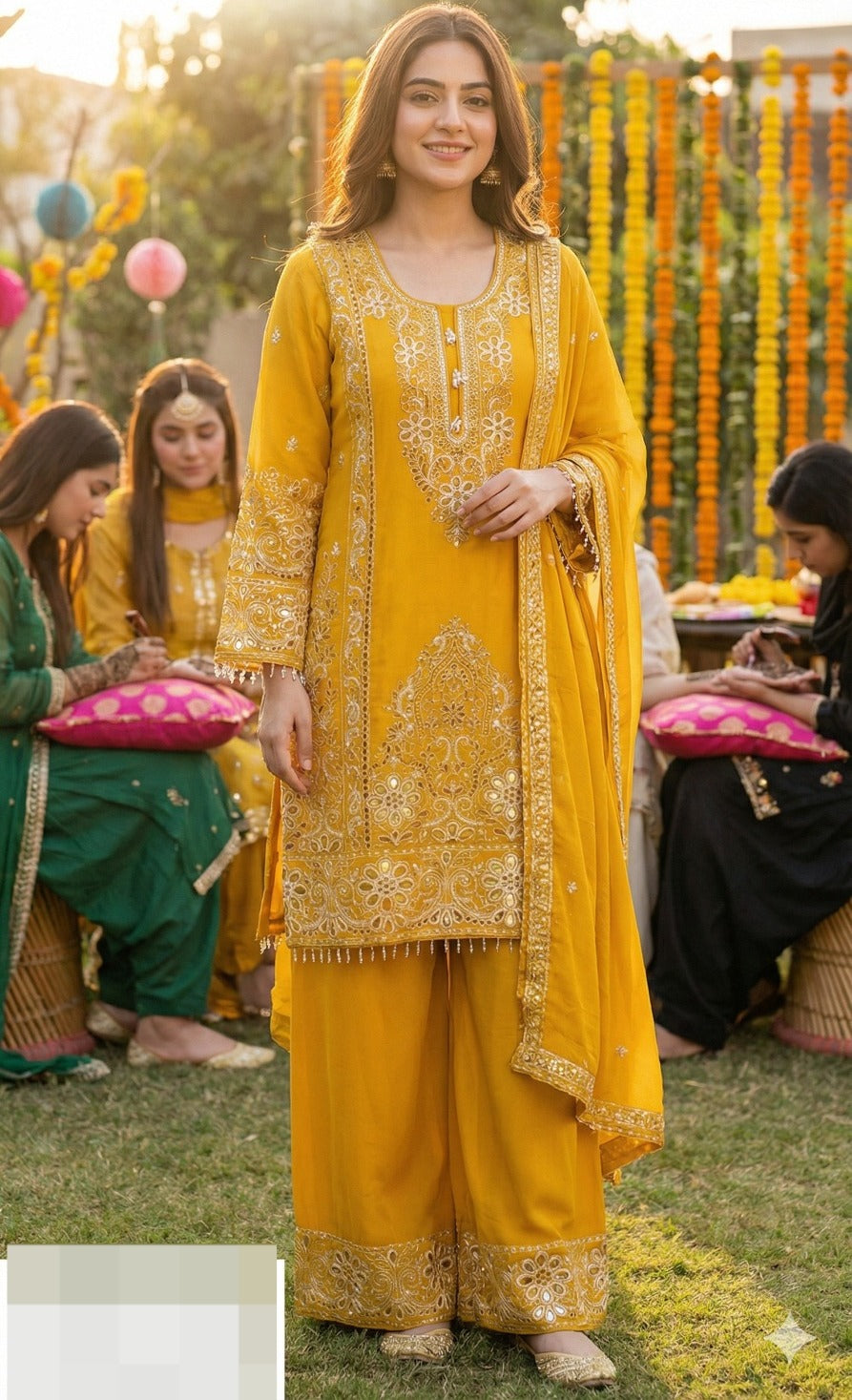 Premium chinon heavy cutwork Pakistani pattern suit set in yellow