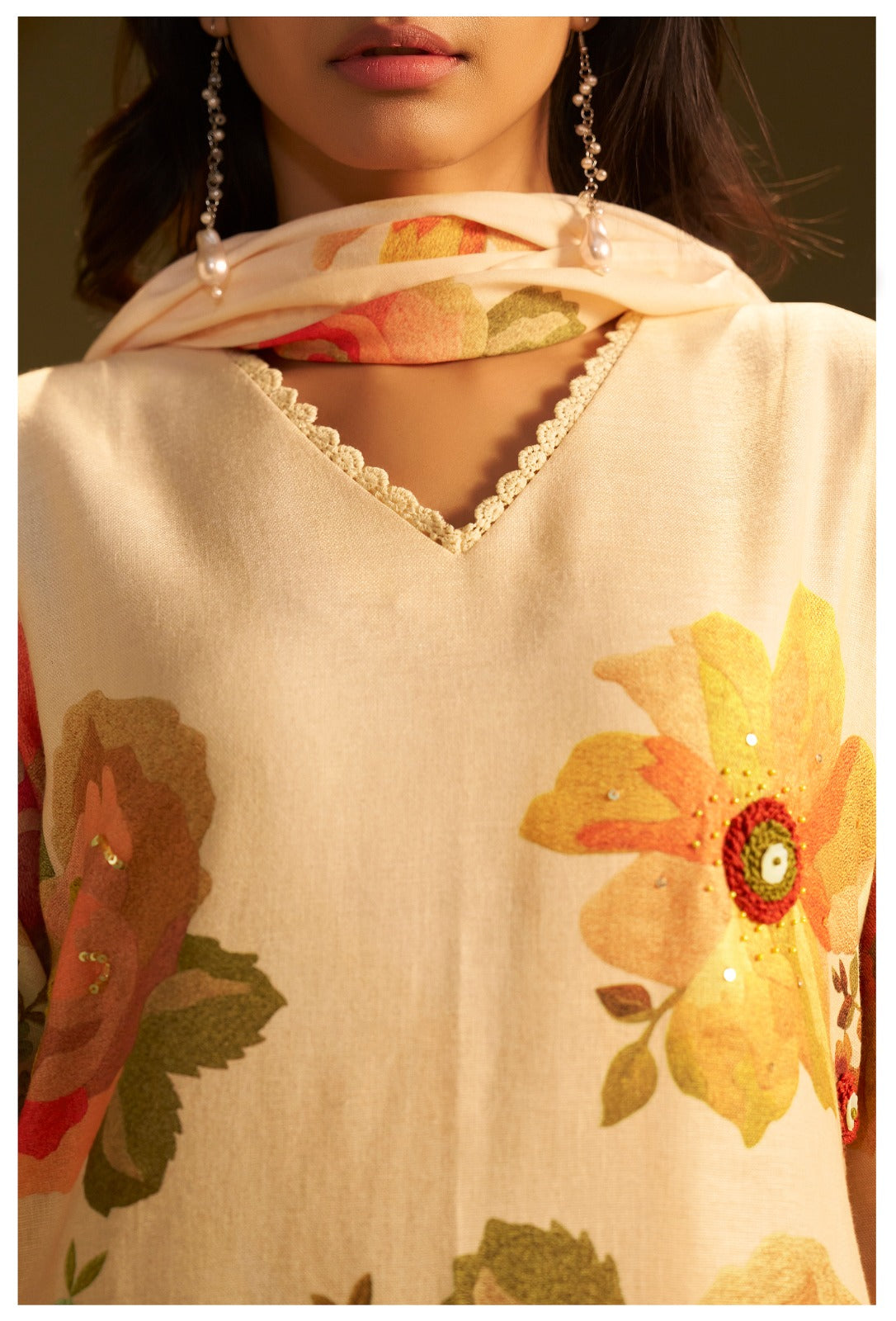 Linen cotton digital printed full suit set with embroidery