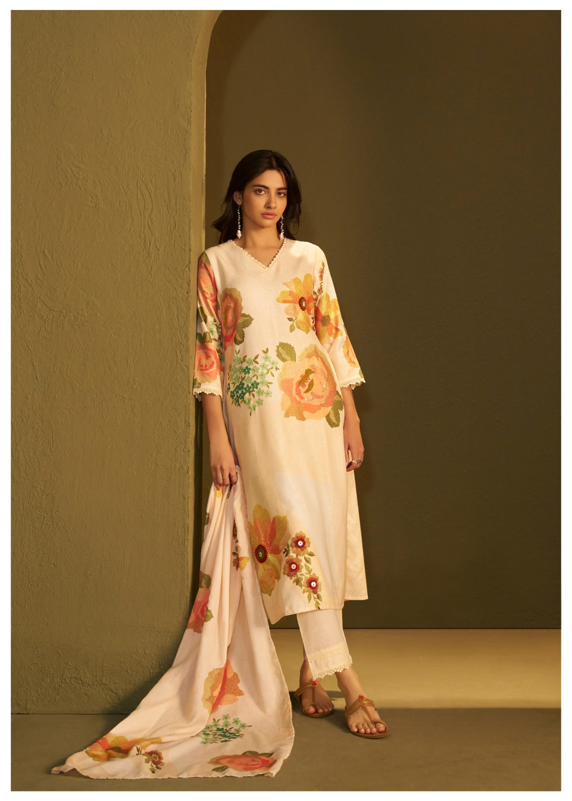 Linen cotton digital printed full suit set with embroidery