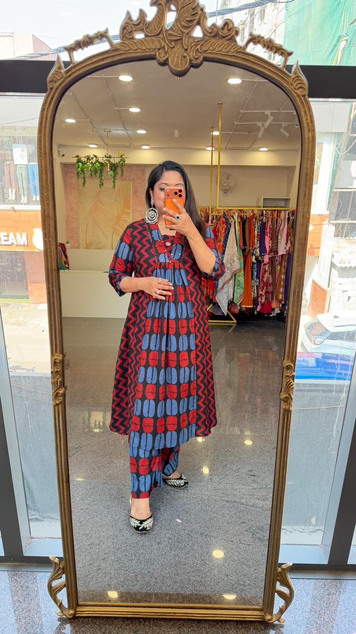 Pretty cotton ajrakh kurta pant