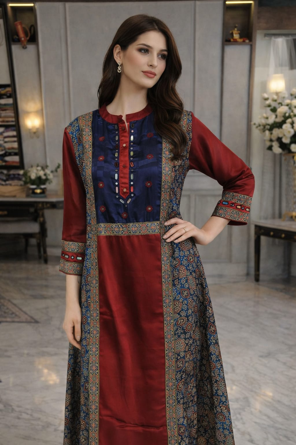 Premium gaji silk kurti in ajrakh in blue n red
