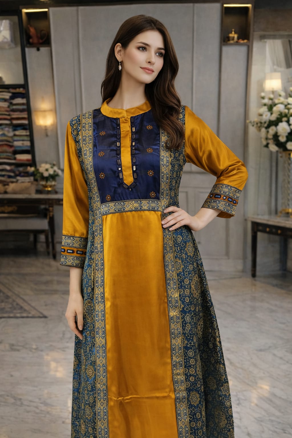 Premium gaji silk kurti in ajrakh in yellow n blue